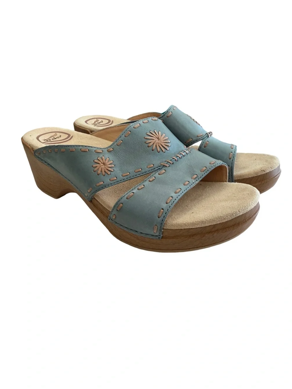 Dansko Blue Floral Cutout Leather Slide Sandals Size 41 US 10.5–11